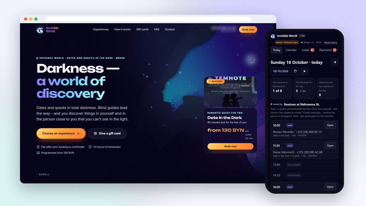 Neue Website von Invisible World im Browser und die Web-CRM auf dem Smartphone (Demodaten, Oberfläche ins Englische übersetzt)