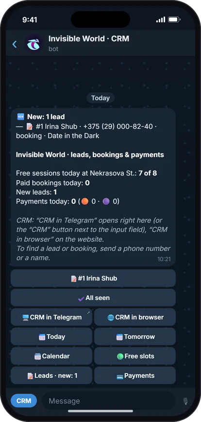 Telegram-Bot: Ein Panel statt Nachrichtenflut: Neue Anfragen und Zahlungen erscheinen oben.