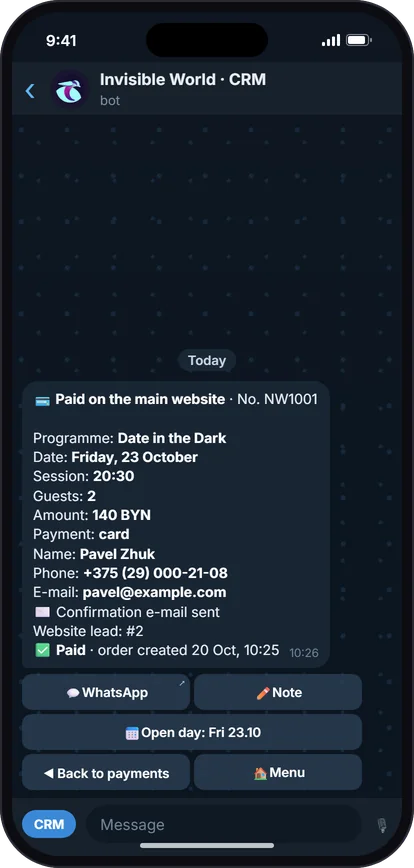 Telegram-Bot: Online bezahlt: Die Bank hat bestätigt, der Gast hat eine E-Mail bekommen.