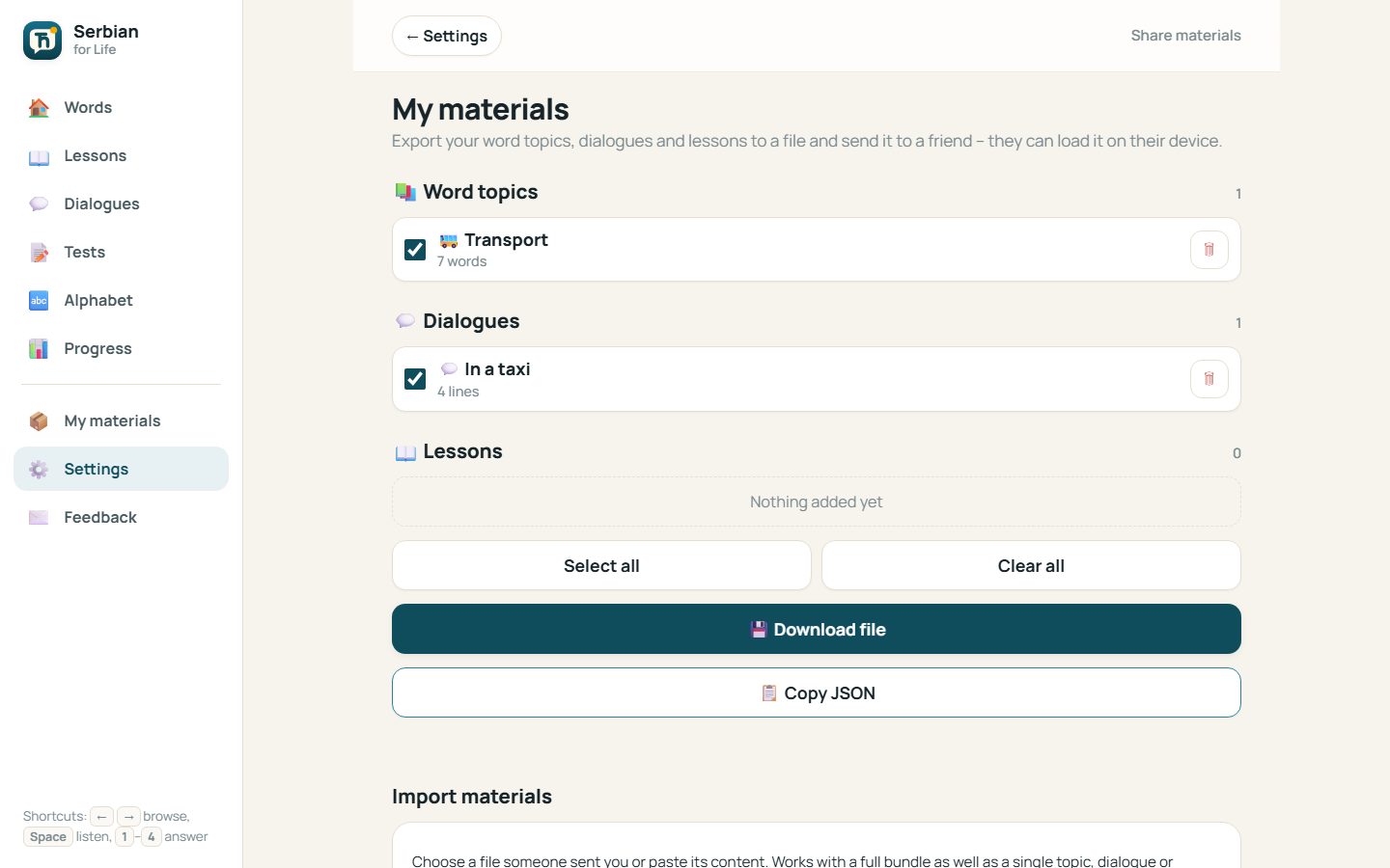 Meine Materialien nach dem Import: Auswahl und Export als Datei oder JSON